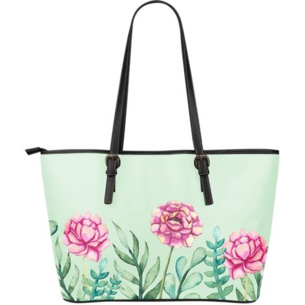 Flowers Mint Green Leather Tote